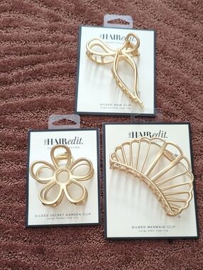 Gilded Hair Clip Set in Gold - Bow, Mermaid, Flower Claw Clips Bundle